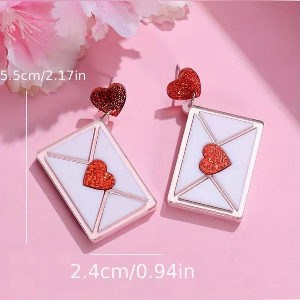 Love Letter Heart Envelope Drop Earrings Modern Valentines Day - Picture 5 of 7